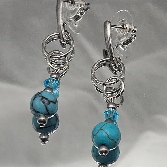 Stainless Steel Turquoise Jasper and Crystal Stud Earings - Picture 2 of 3